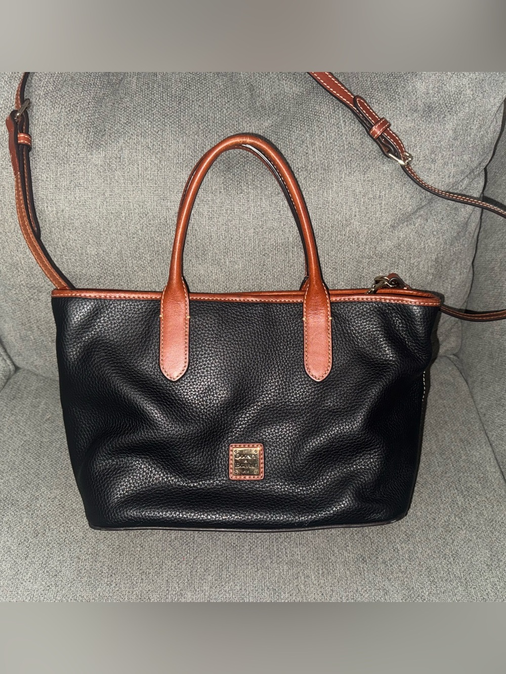 Dooney & Bourke Black Pebbled Leather Tote with Brown Trim